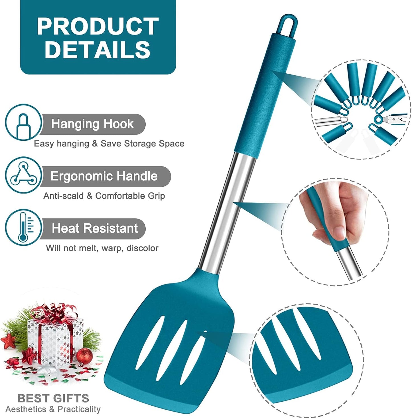 Kitchen Utensils Set of 10,  Heat-Resistant Silicone Cooking Utensil with Stainless Steel Handle, Include Turner,Spatula,Spoon,Tong,Pizza Cutter, Dishwasher Safe, Blue