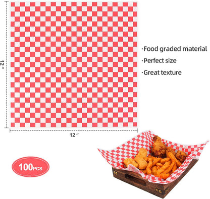 100Pcs Deli Paper Sheets 12X12", Premium Food Basket Liners, Grease Resistant Wax Paper Sheets for Food, Classic Checkered Sandwich Wrapping Paper for Party, Festival and Outdoors,