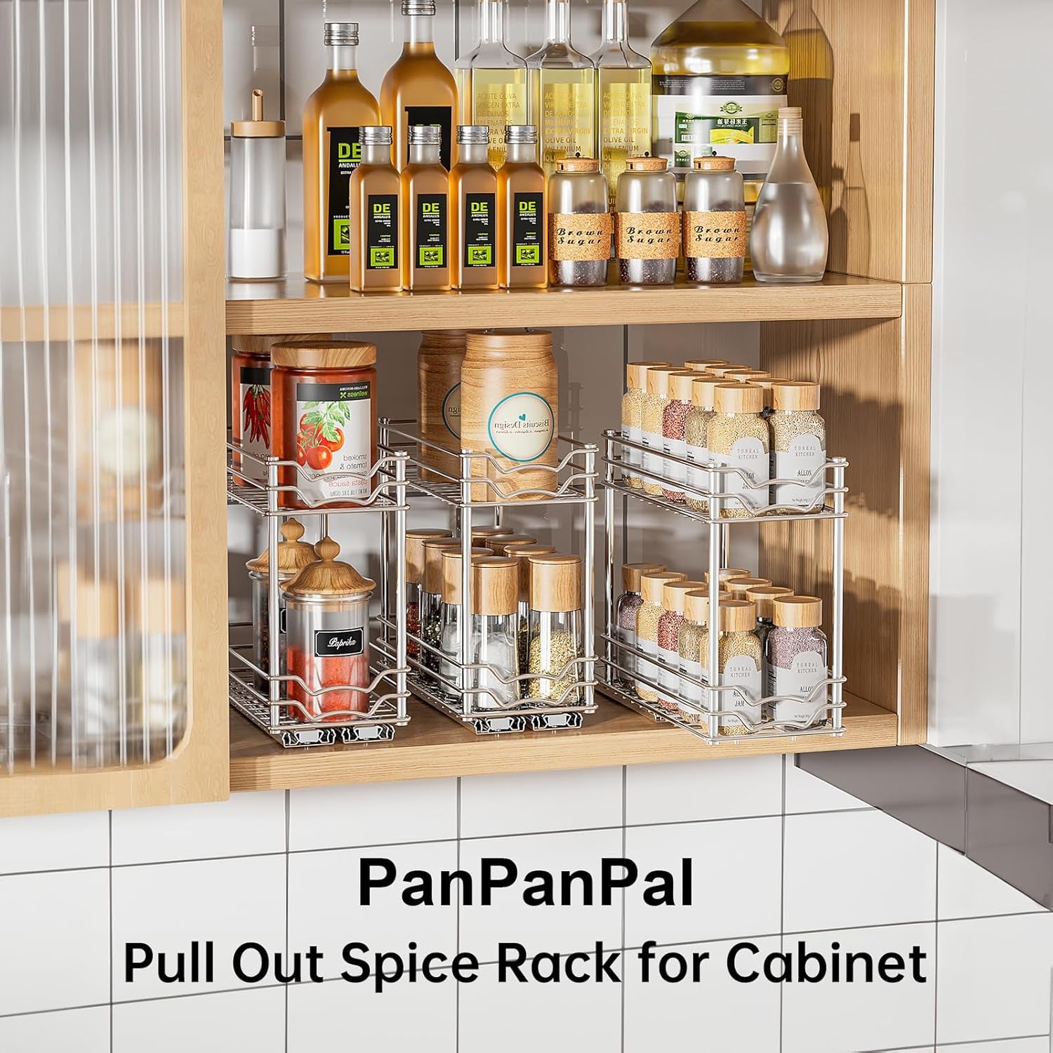 Pull Out Spice Rack Organizer for inside Cabinet, Slide Out Spice Organization for Cabinet, 4.9''Wx10.4''Dx9.57''H, Chrome Vertical Sliding Seasoning Organizer - 2 Tier
