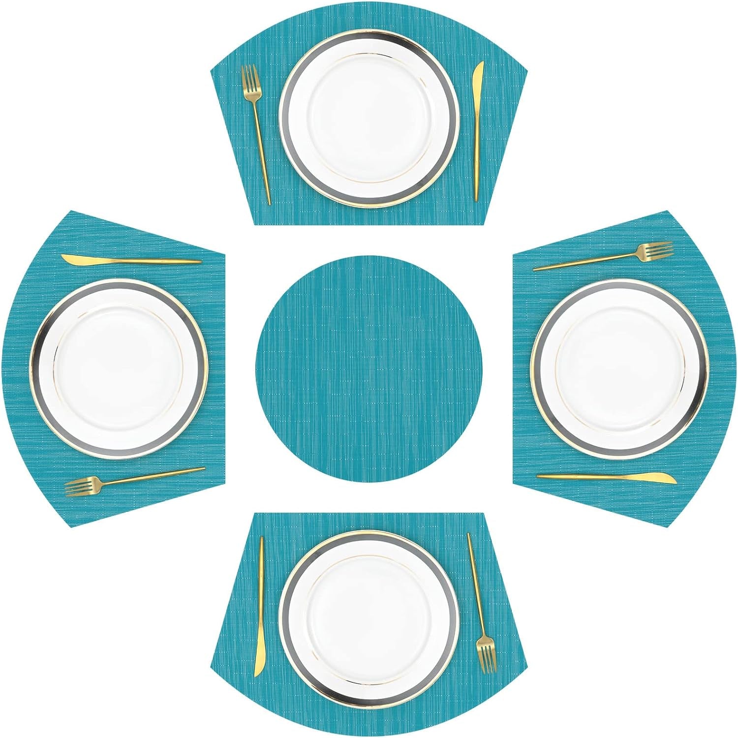 Large Size Wedge Placemats with Centerpiece Set of 5, PVC Woven Vinyl Place Mats for round Table Washable Indoor Outdoor Table Placemats, Blue