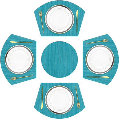 Large Size Wedge Placemats with Centerpiece Set of 5, PVC Woven Vinyl Place Mats for round Table Washable Indoor Outdoor Table Placemats, Blue