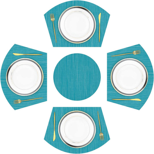 Large Size Wedge Placemats with Centerpiece Set of 5, PVC Woven Vinyl Place Mats for round Table Washable Indoor Outdoor Table Placemats, Blue