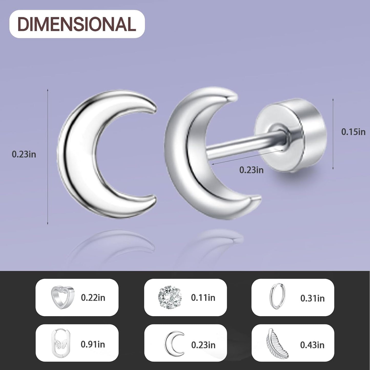 6 Pairs Stainless Steel Stud Earrings Set for Women Men Moon Heart Leaf Butterfly Circle CZ Studs Hypoallergenic Tiny Cartilage Stud Earrings Flatback Earrings