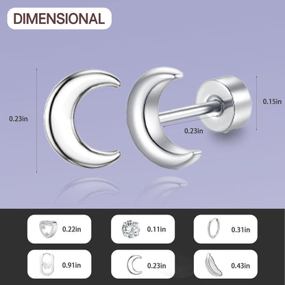 6 Pairs Stainless Steel Stud Earrings Set for Women Men Moon Heart Leaf Butterfly Circle CZ Studs Hypoallergenic Tiny Cartilage Stud Earrings Flatback Earrings