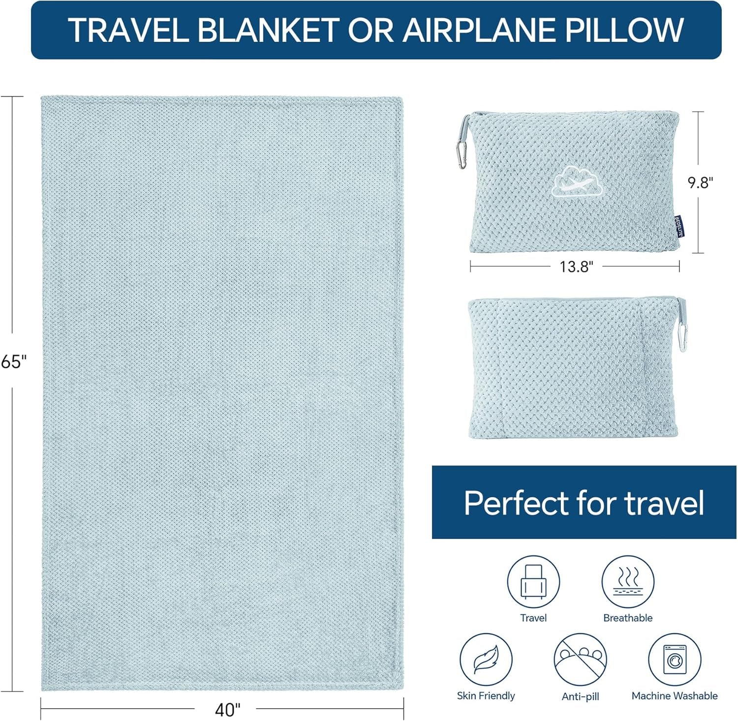 Travel Blanket with Bag, Ultra-Soft Jacquard Fleece Blanket with Luggage Sleeve & Backpack Clip, Airplane Blanket Travel Essentials, Blue