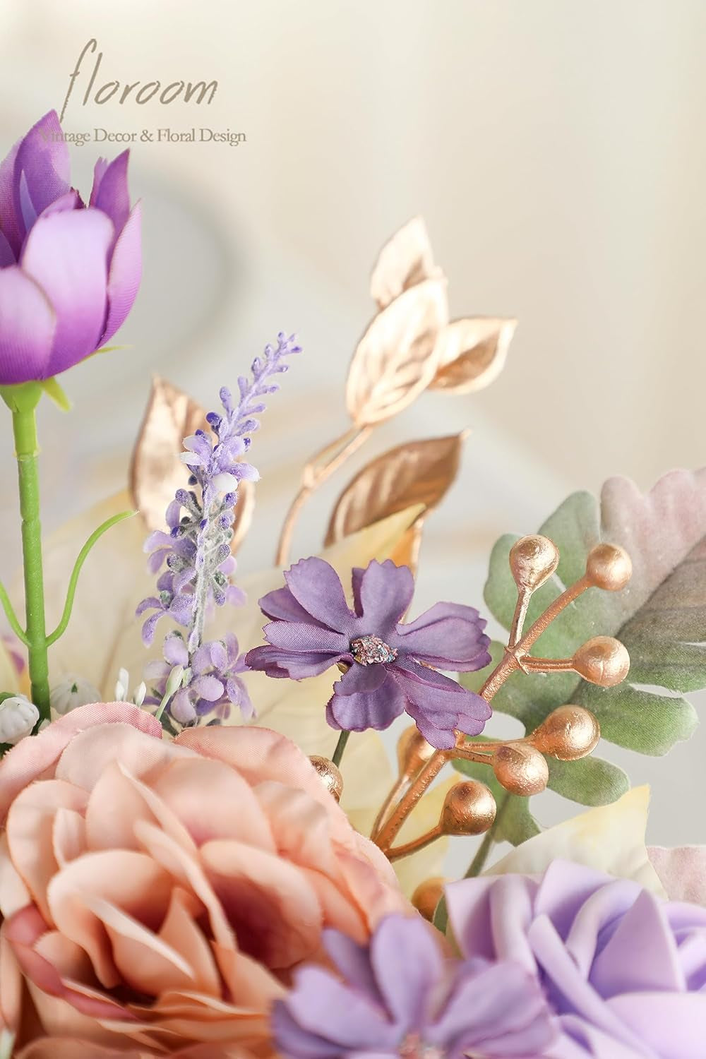 Artificial Greenery Stems Box Set - 45 Pieces of Faux Floral Picks for DIY Bridal Bouquets, Wedding Arrangements, and Table Centerpieces in Lavender and Gold