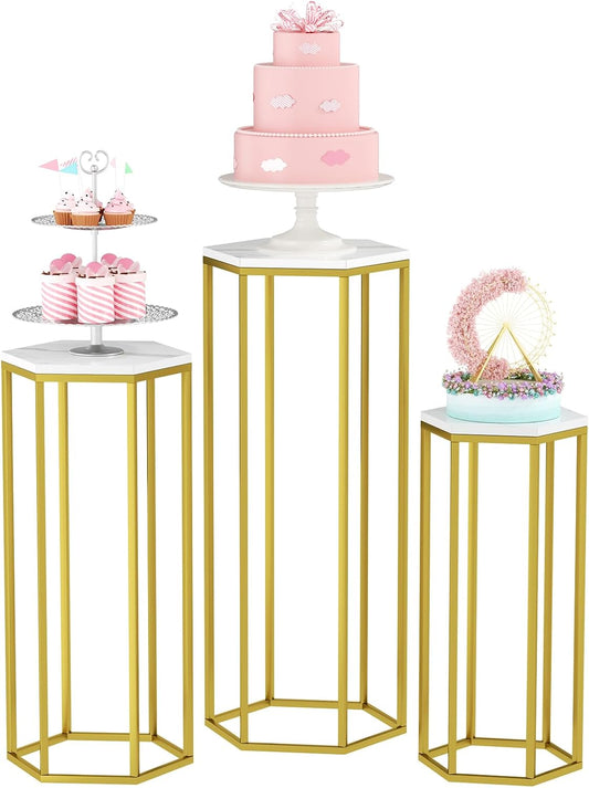 Cylinder Stands for Party, Set of 3 Gold Metal Hexagon Pedestal Stand with Marbled Countertop, Cake Flower Plant Pedestal Stands for Display Parties Wedding Birthday Decor, 3PCS, Gold