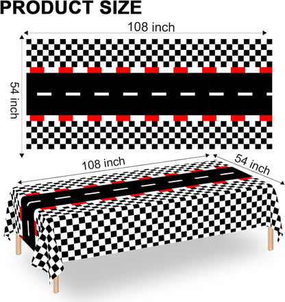 6 PCS Racing Car Theme Tablecloths Car Disposable Plastic Tablecloths Black Checkered Flag Table Covers Racetrack Rectangular Tablecloth for Race Car Birthday Party Decorations, 54 X 108 Inch