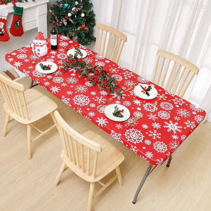 Rectangle Vinyl Tablecloth, Fitted Table Cover, 100% Waterproof, Elastic Edge, Flannel Backing, Plastic Table Cloth Fit 6 Foot Folding Tables for Picnic, Outdoor (Red Snowflake, 30X72 Inch)