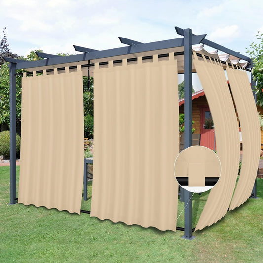 Outdoor Patio Curtains Detachable Tab Top Windproof Weatherproof Curtain for Cabana, Porch, Pergola and Gazebo, Tab Bottom Drape, 2 Panels, 54W X 84L Inch, Beige