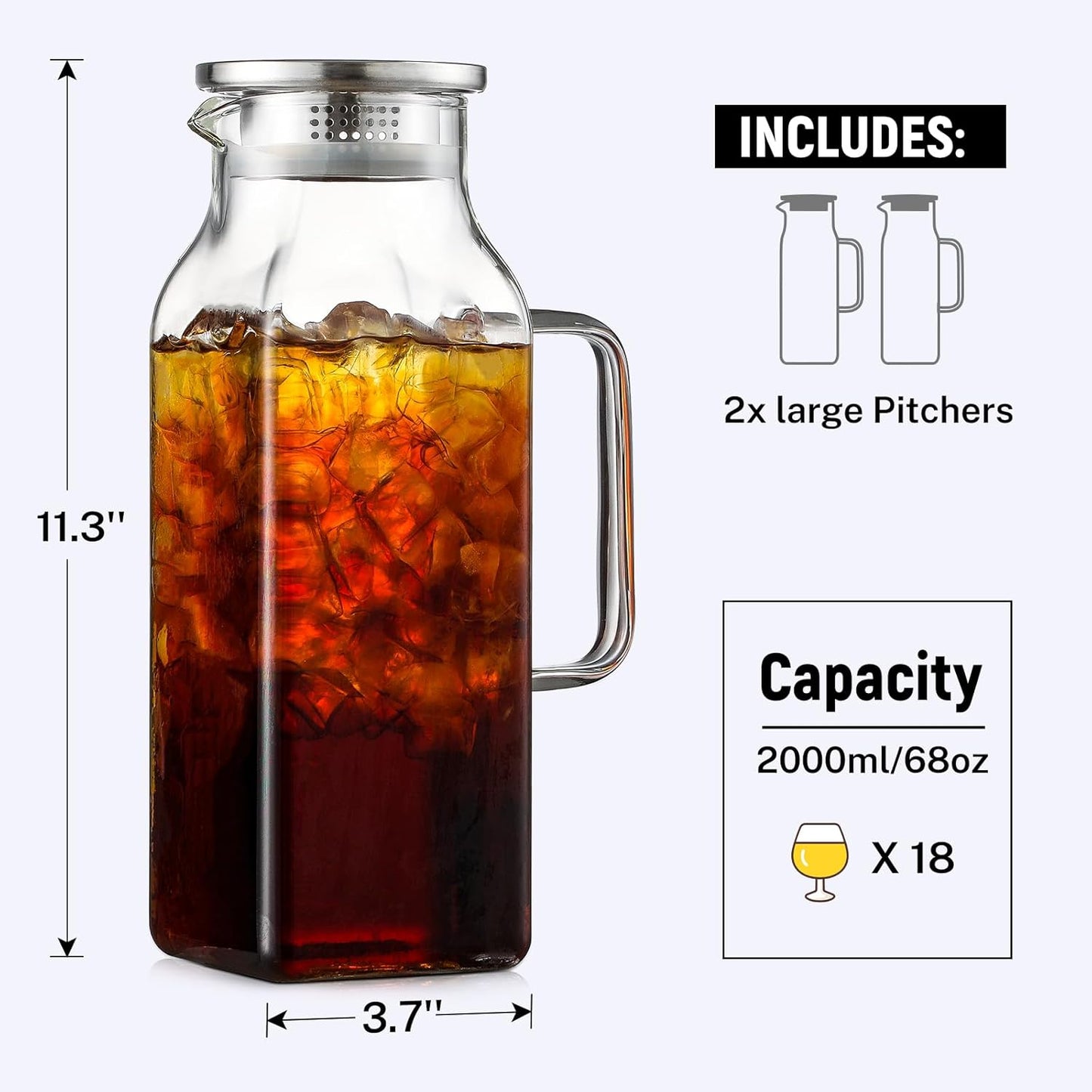 2 Pack 2 Liters/68 Oz Square Glass Pitcher with Lid and Handle for Fridge, Iced Tea and Coffee Carafe Beverage Serveware, Heat Resistant Borosilicate Water Jug for Hot/Cold Drinks and Milk