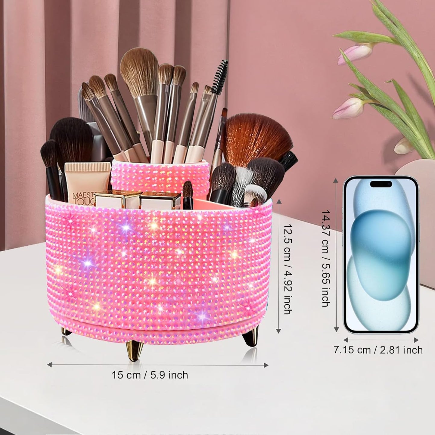 Bling Diamond 360° Makeup Brush Holder Organizer, Rotating Makeup Brush Organizer,5 Slot Make up Brushes Cup for Cosmetics, Vanity Desktop Organizer, Gift for Women Teen Girls- Diamond Pink