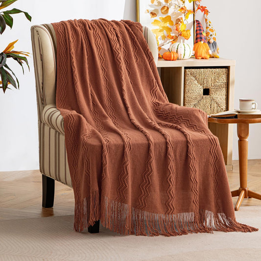 Knitted Boho Throw Blanket for Couch Textured Knit Terracotta Rust Blanket with Tassels Cozy Woven Farmhouse Blanket for Sofa Bed Chair Wave Pattern Fall Decor 50"X60", Orange