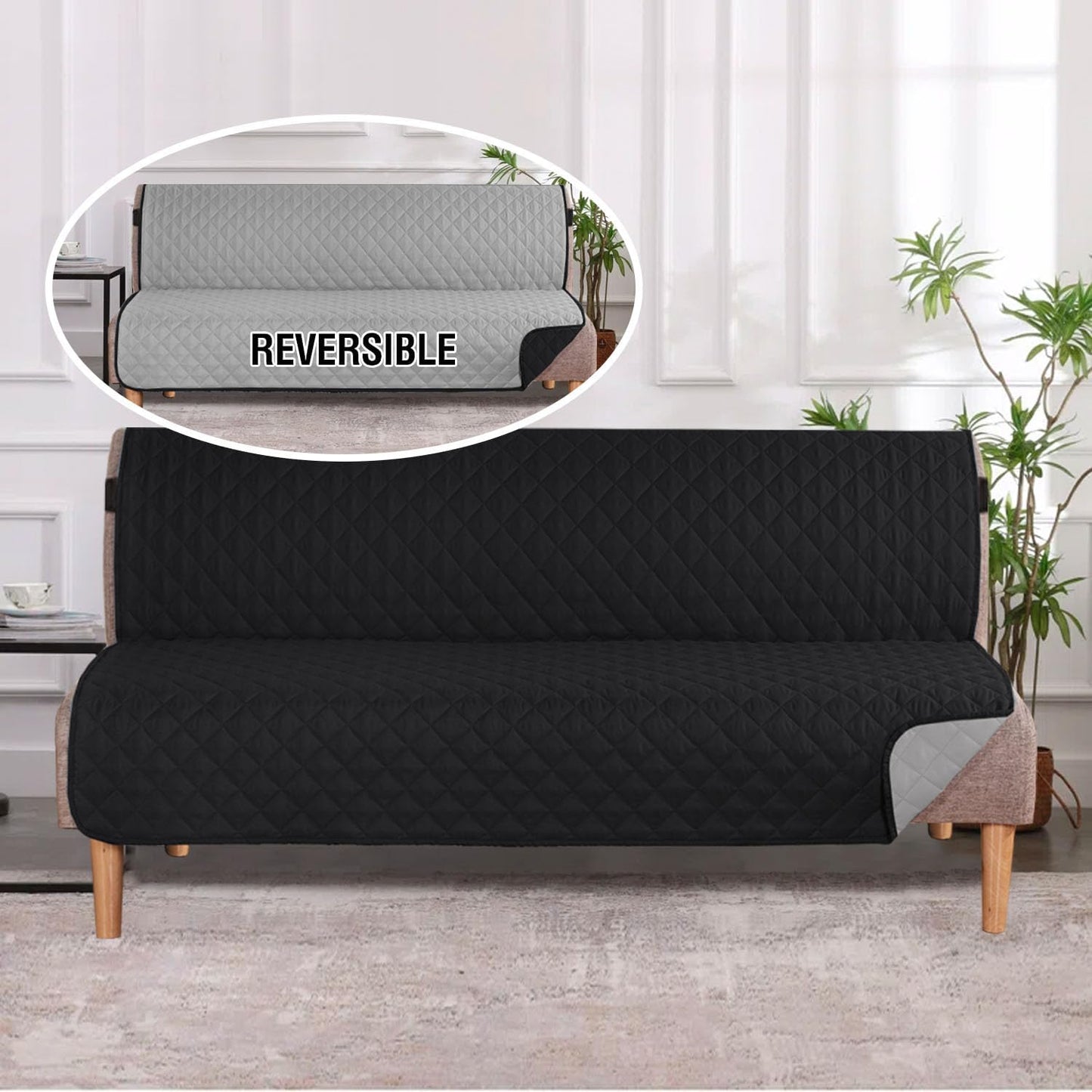Reversible Futon Cover Water Repellent Armless Sofa Slipcover Washable Furniture Protector with Adjustable Elastic Strap Anti-Slip Futon Bed Cover for Dogs 70" Width Seat(Black/Grey)