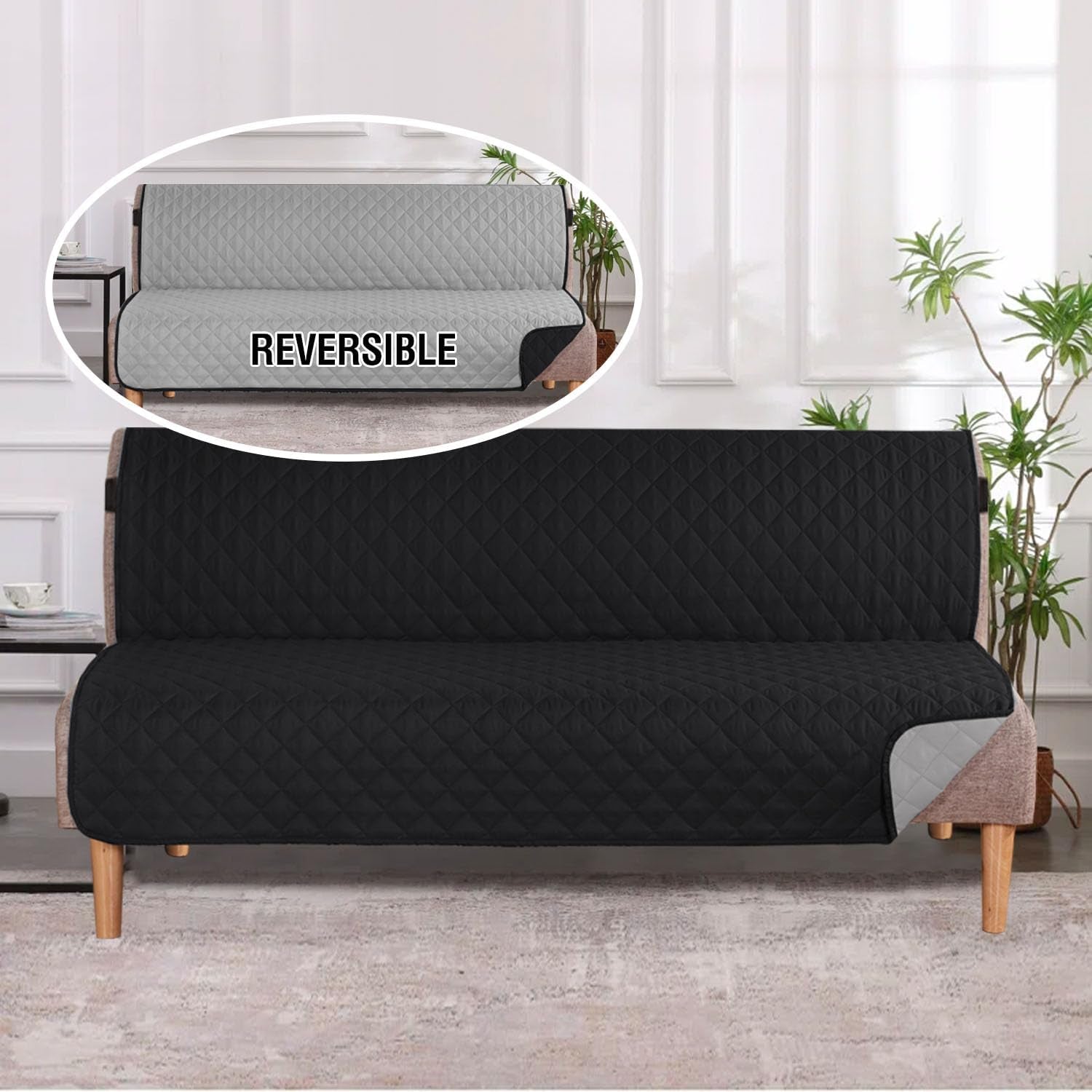 Reversible Futon Cover Water Repellent Armless Sofa Slipcover Washable Furniture Protector with Adjustable Elastic Strap Anti-Slip Futon Bed Cover for Dogs 70" Width Seat(Black/Grey)