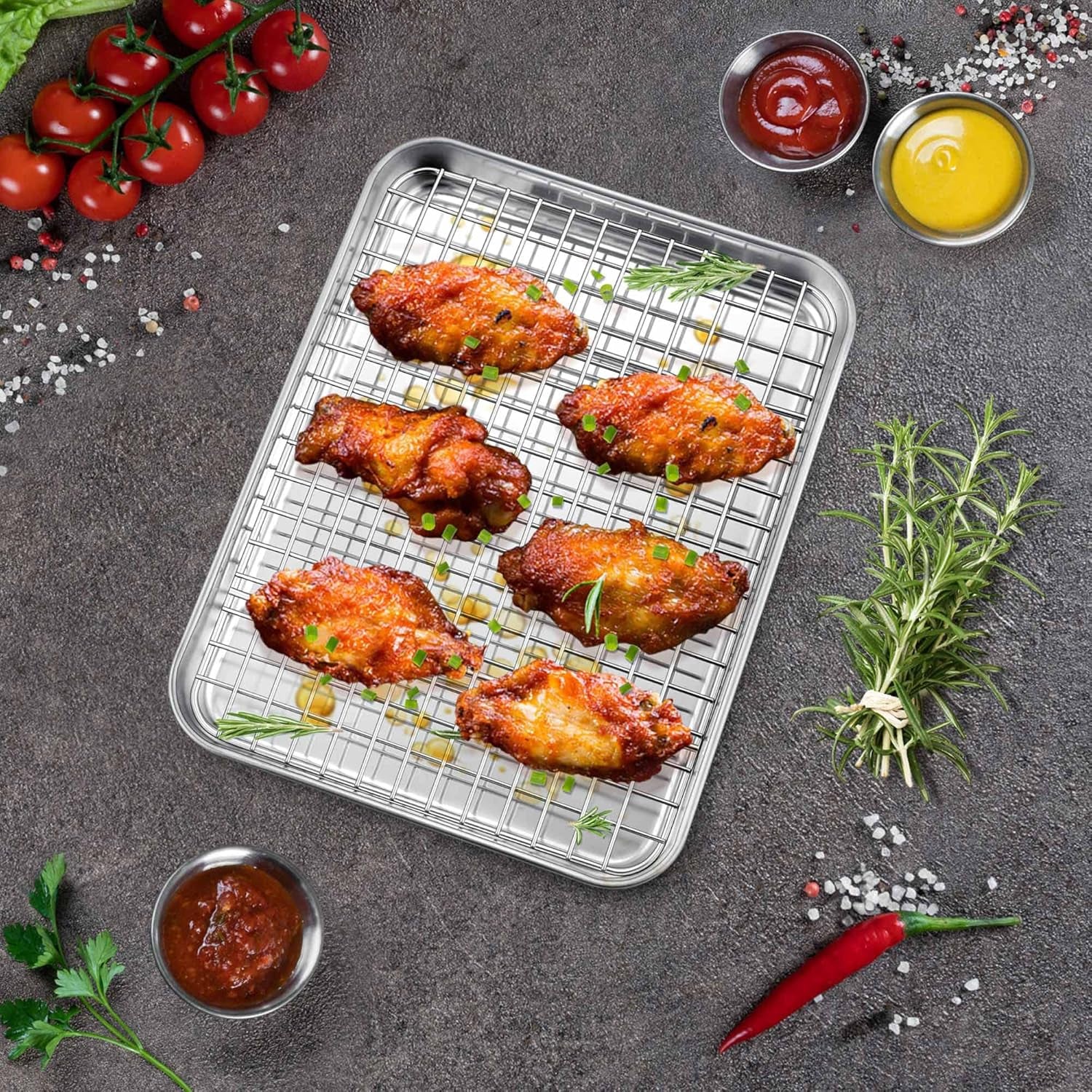 9 Inch Toaster Oven Pan with Rack Set, Stainless Steel Baking Pan Tray and Grid Cooling Rack for Cooking/Roasting, Dishwasher Safe & Easy to Clean, Non-Toxic & Sturdy, (2Pcs)