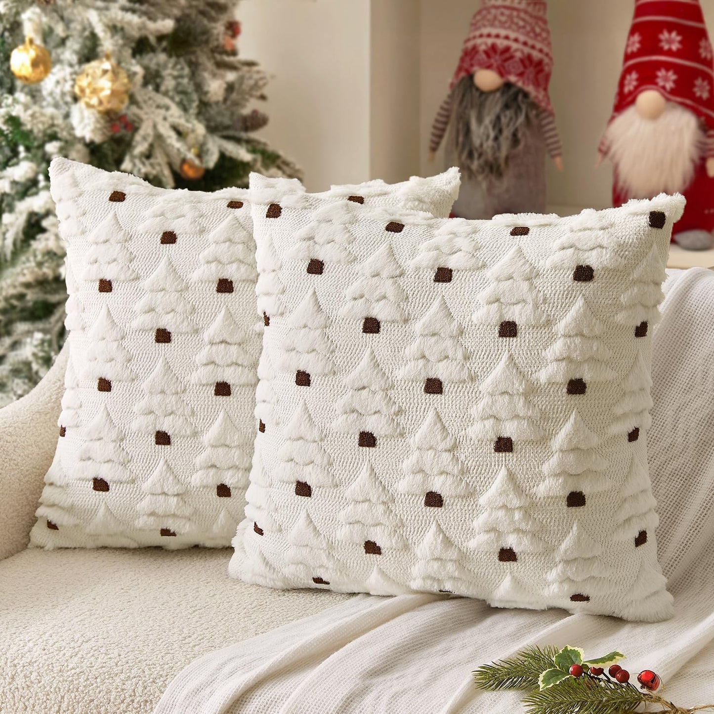 Christmas Tree Decorative Pillow Covers Faux Fur Wool Throw Pillows Soft Plush Cushion Covers Set of 2 Xmas Home Decor Winter Holiday for Sofa Couch Livingroom Bed 18X18 Inch Cream