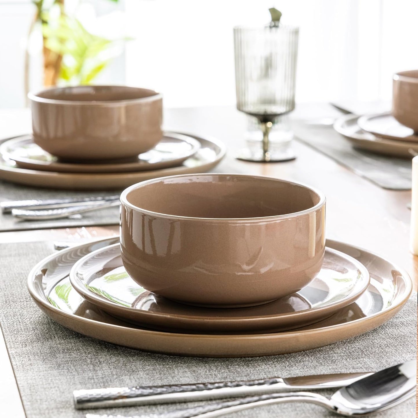 Ceramic Dinnerware Set for Four - 12-Piece Stoneware Plate and Bowl Collection with Reactive Glaze, Scratch Resistant, Dishwasher and Microwave Safe