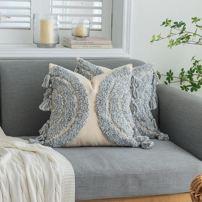 Gorgeous Half Moon Accent Boho Tufted Decorative Throw Pillow Cover, Stylish & Cozy Rainbow Design Cotton Canvas Cushion Cover | Tassels Pillow Case Home Decor 18"X 18" Mixed Grey 1 Piece