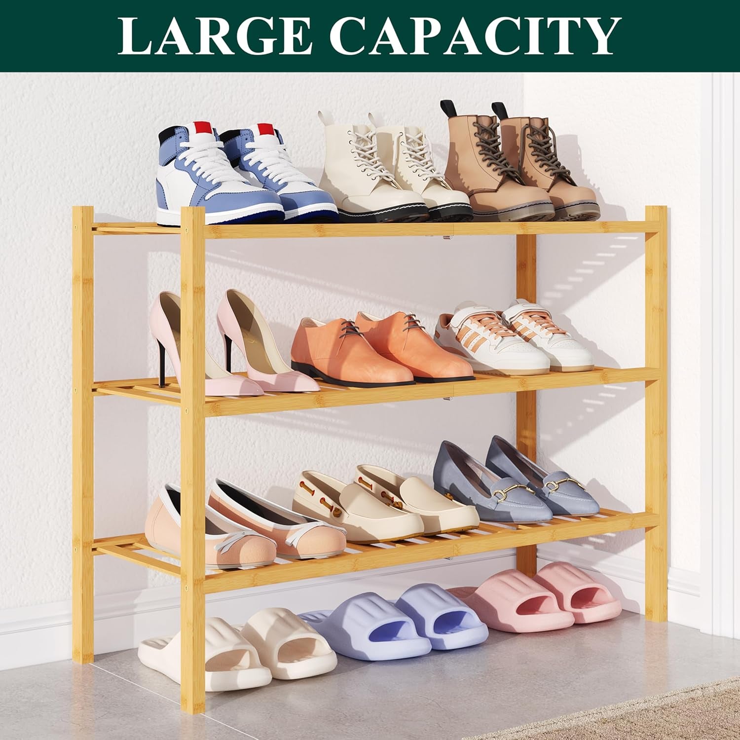 Bamboo 3-Tier Shoe Rack - Stackable Wooden Organizer for Entryway and Closet Storage, Natural Finish