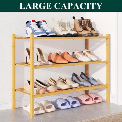 Bamboo 3-Tier Shoe Rack - Stackable Wooden Organizer for Entryway and Closet Storage, Natural Finish