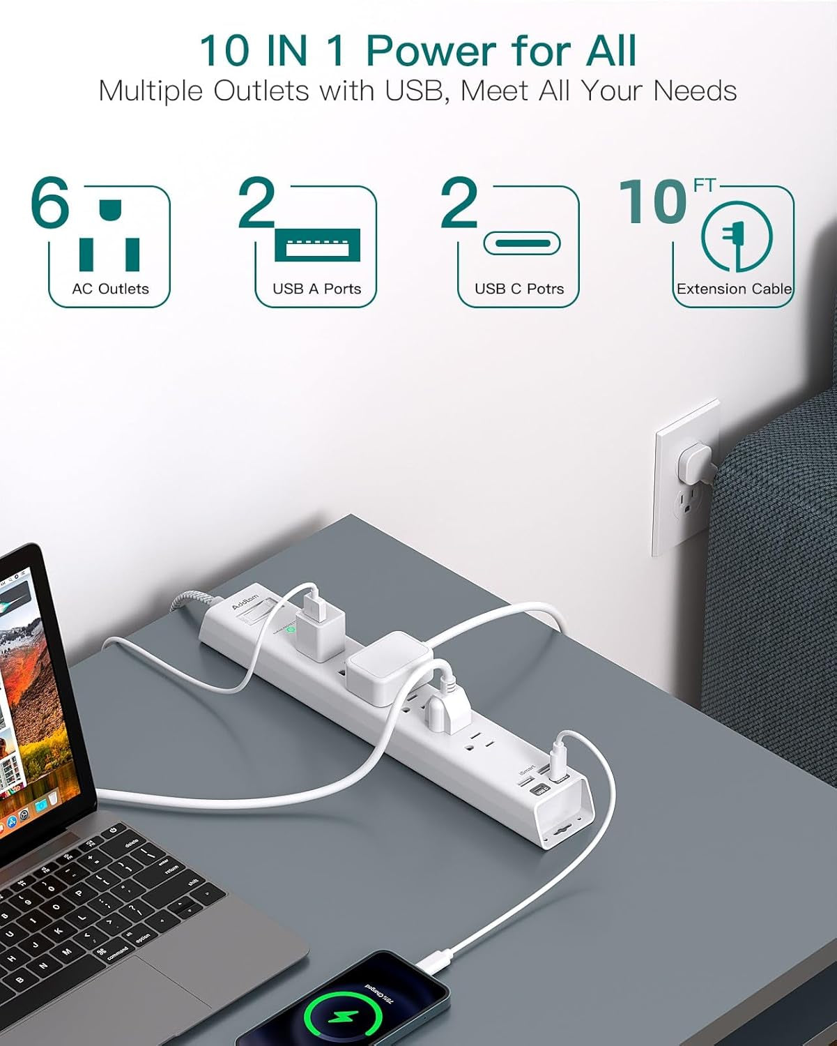 Extension Cord 10 Ft - Long Power Strip Surge Protector, 6 AC Outlet 4 USB (2 USB C), Flat Plug, Wall Mount, Multi Plug Outlet Extender Desk Charging Station for Home Office Dorm Room Essentials