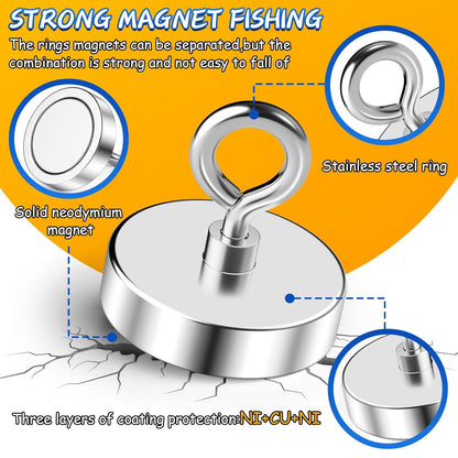 Neodymium Fishing Magnet, 200 Lbs Strong Magnet Fishing, Magnetic Fishing Magnets Heavy Duty for Remover, Super Powerful round Magnets for Retrieving Items in Lake, Beach, Lawn 1.75’’(45Mm)