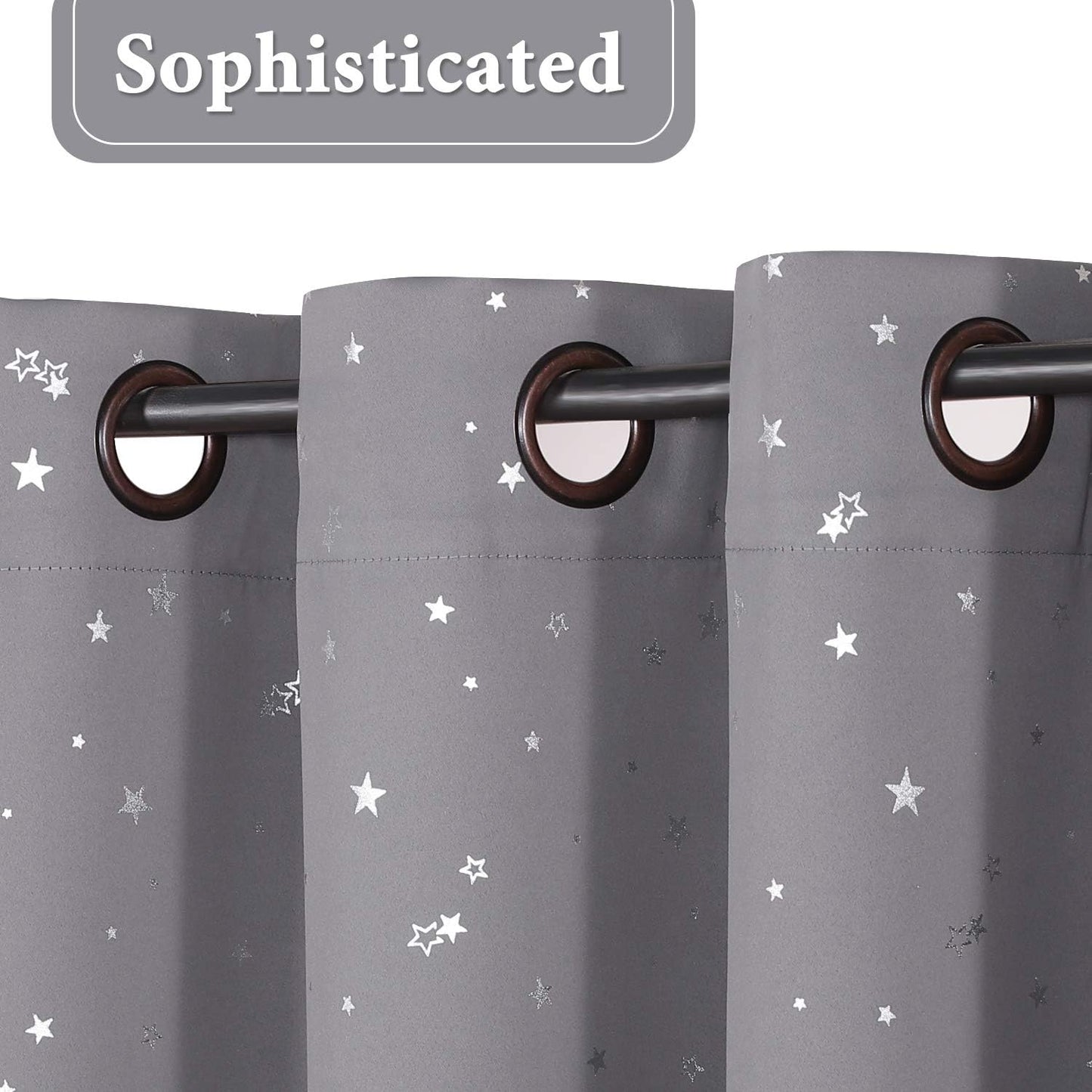 Blackout Star Curtains for Kids Room Boys Girls Twinkle Silver Stars Thermal Insulated Cute Thick Soft Curtain Drapes, Grommet Top, 1 Panel, 52" W X 63" L, Grey