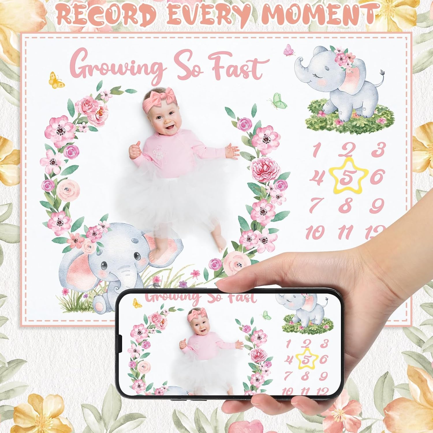 Baby Milestone Blanket Monthly Milestone Blankets for Baby Girls Newborn Baby Blankets Photography Background Fleece Blankets with Wooden Signs, Frames, Bow Headband 50X39 Inches