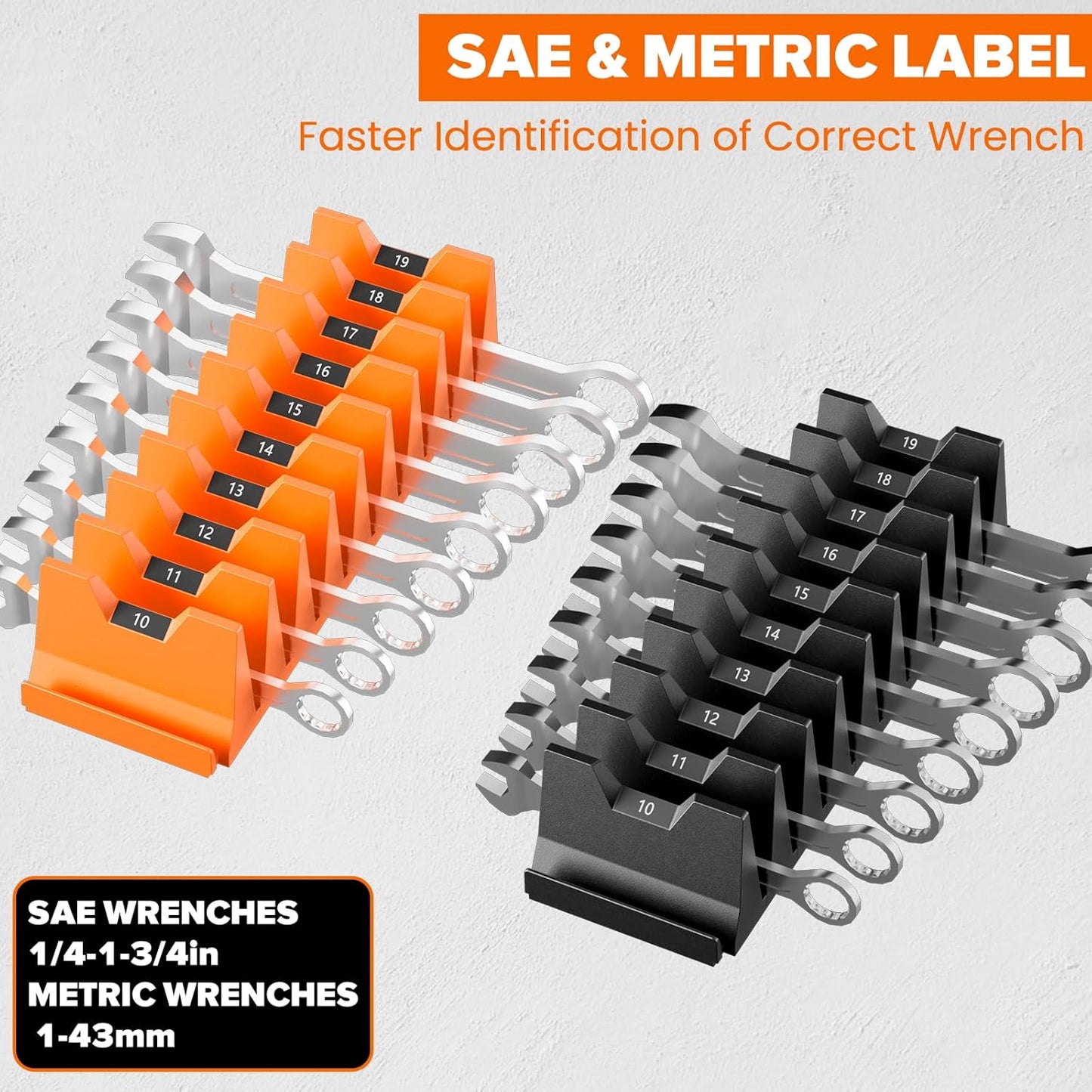 40PCS Modular Wrench Organizer - Wrench Tool Organizers for Tool Drawer Storage, Wrench Storage Set with Metric & SAE Label, Wrenches Rack Tool Gift for Professional Mechanics Men, Black & Orange
