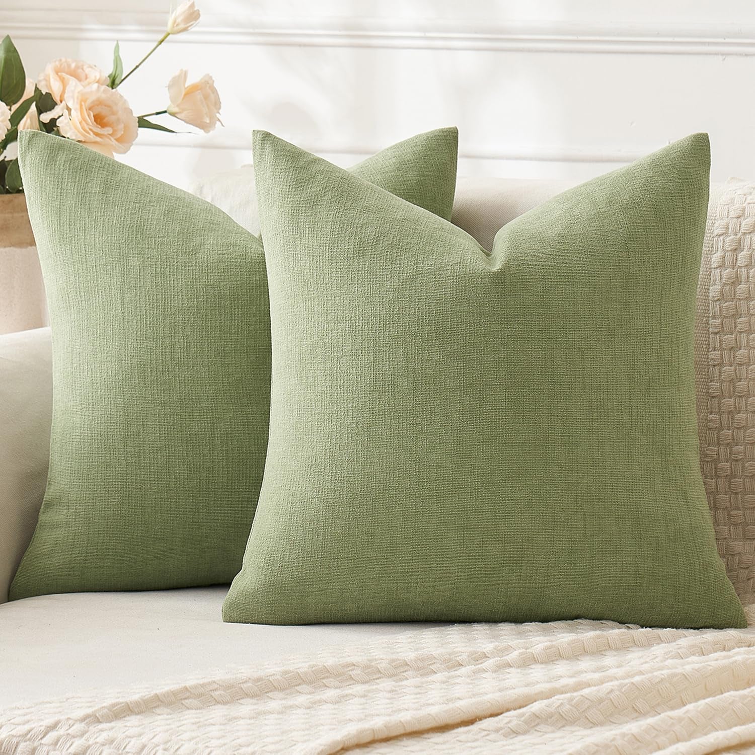 Sage Green Couch Pillow Covers 18X18 Inch, Set of 2 Soft Spring Chenille Decorative Square Throw Pillow Covers Farmhouse for Sofa Living Room Bed