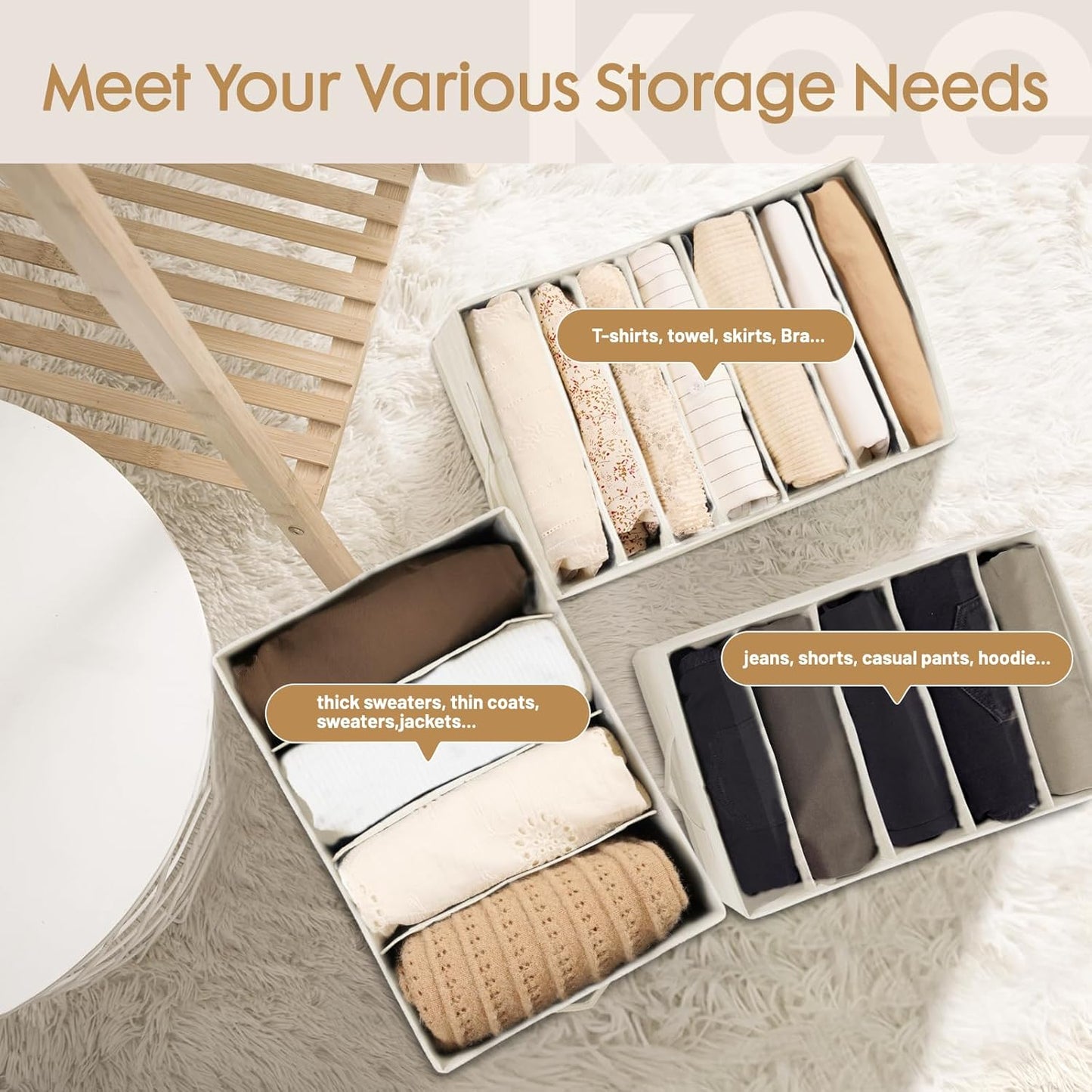 6 Pack Large Clothes Organizer, Wardrobe Closet Organizer and Storage with Handles, Foldable Fabric Closet Organizers Dividers for Clothing, Pants, Jeans, Sweater, T-Shirts, Beige