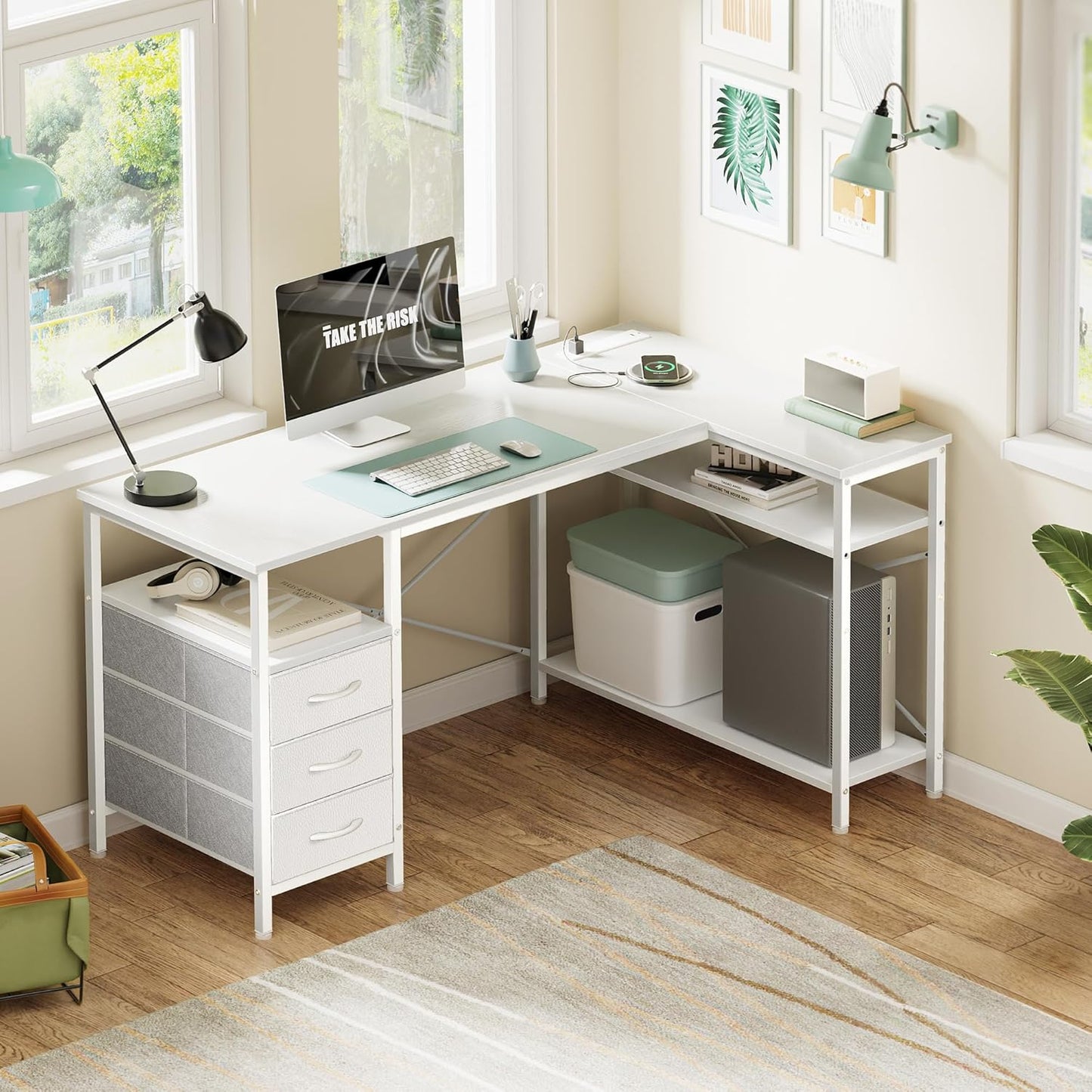 L-Shaped Office Desk with Power Outlets, 47-Inch Computer Desk Featuring 3 Drawers and Shelves for Gaming, Corner Work, Home Office, and Study - White Finish
