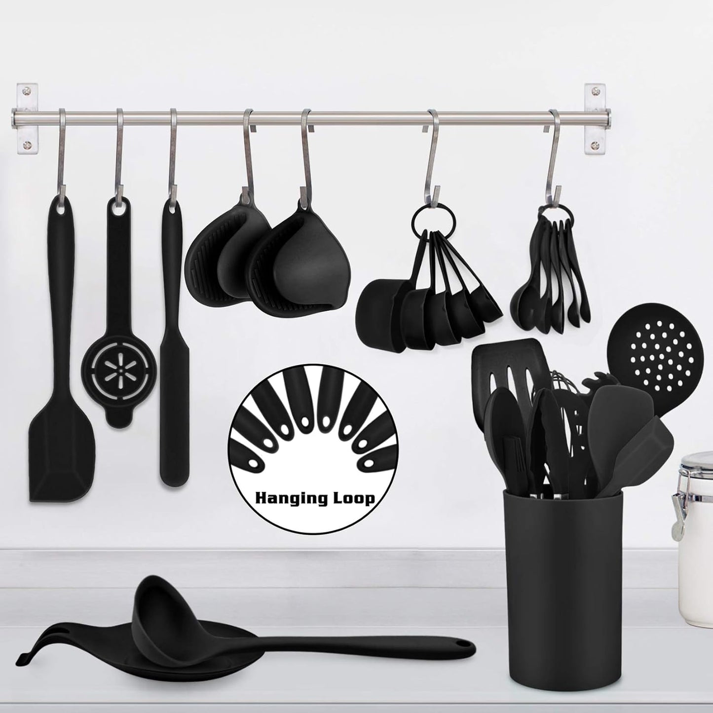 Kitchen Utensils Silicone Cooking Utensil Set, 28Pcs Baking Utensils Spatulas with Holder, Heat-Resistant & Non Toxic, Non-Stick & Dishwasher Safe, Black