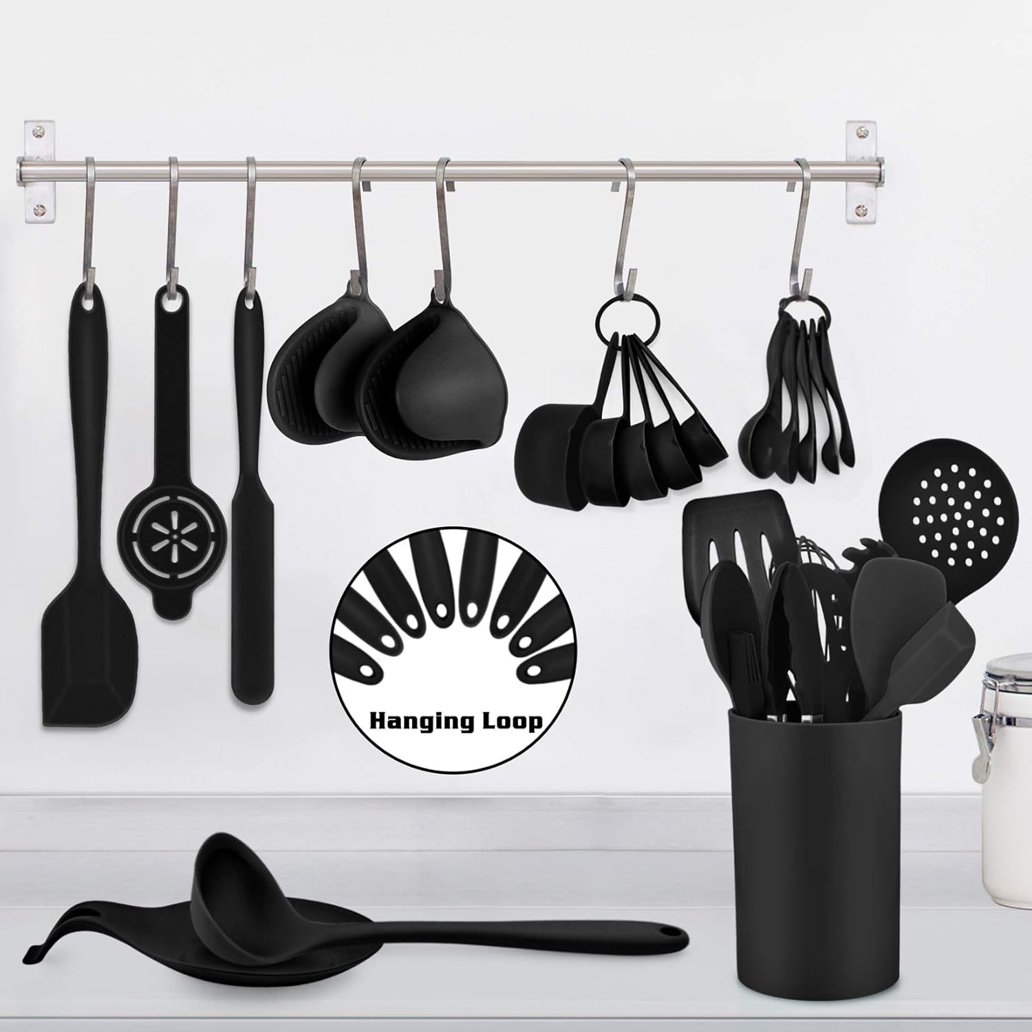 Kitchen Utensils Silicone Cooking Utensil Set, 28Pcs Baking Utensils Spatulas with Holder, Heat-Resistant & Non Toxic, Non-Stick & Dishwasher Safe, Black