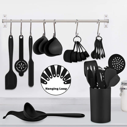Kitchen Utensils Silicone Cooking Utensil Set, 28Pcs Baking Utensils Spatulas with Holder, Heat-Resistant & Non Toxic, Non-Stick & Dishwasher Safe, Black