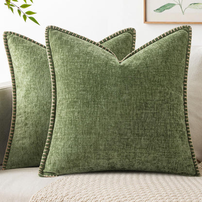 Pack of 2 Fall Couch Throw Pillow Covers 18X18 Inch Sage Green Farmhouse Decorative Pillow Covers with Stitched Edge Soft Chenille Solid Dyed Spring Pillow Covers for Sofa Bed Living Room