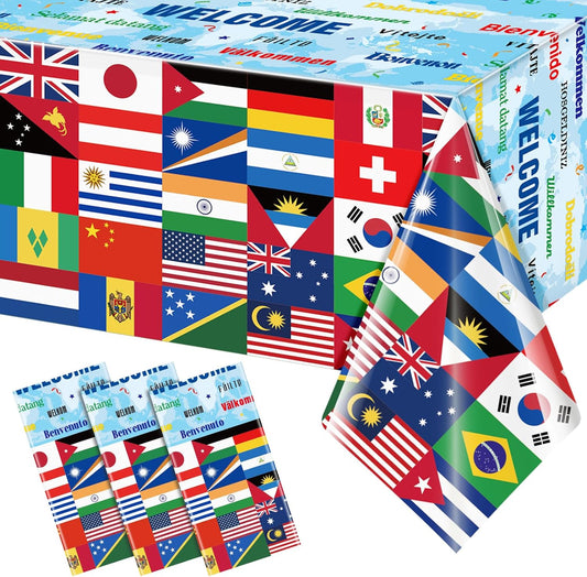 3 Pack International Flag Tablecloths Disposable World Flag Table Cover Rectangle Plastic Table Cloth for Soccer Sports Events Beer Party Celebration Olympics Party Decorations,108 X 54 Inch
