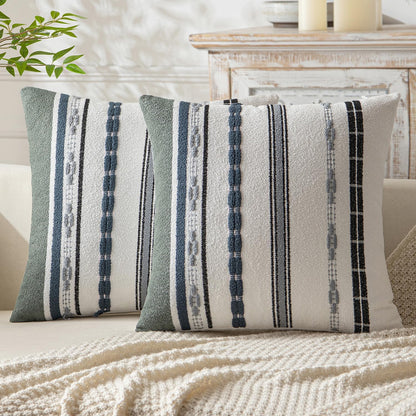 Fall Set of 2 Decorative Throw Pillow Covers Boho Farmhouse Cushion Covers Chenille Striped Pillow Covers Soft Accent Neutral Pillowcases for Sofa Couch Bed Home Decor,18×18 Inch,Black