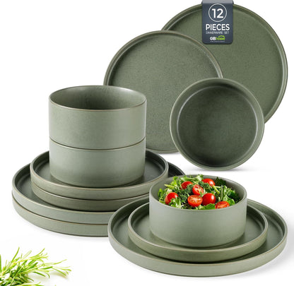 Ceramic Dinnerware Set for Four - Stoneware Plates and Bowls, Chip and Scratch Resistant, Dishwasher, Microwave, and Oven Safe, Reactive Glaze in Green