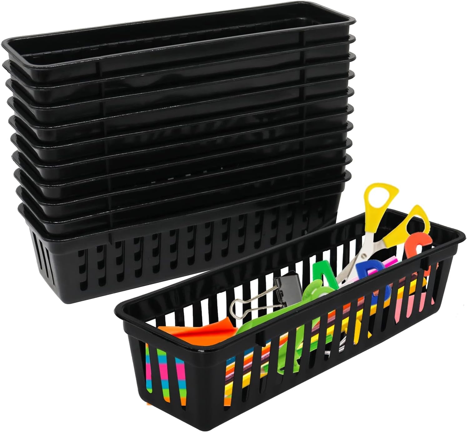 Classroom Pencil or Rubber Organizer Basket Trays, Office Supply Baskets Organization Trays for Home School Classroom Office 12 Pack (Black)