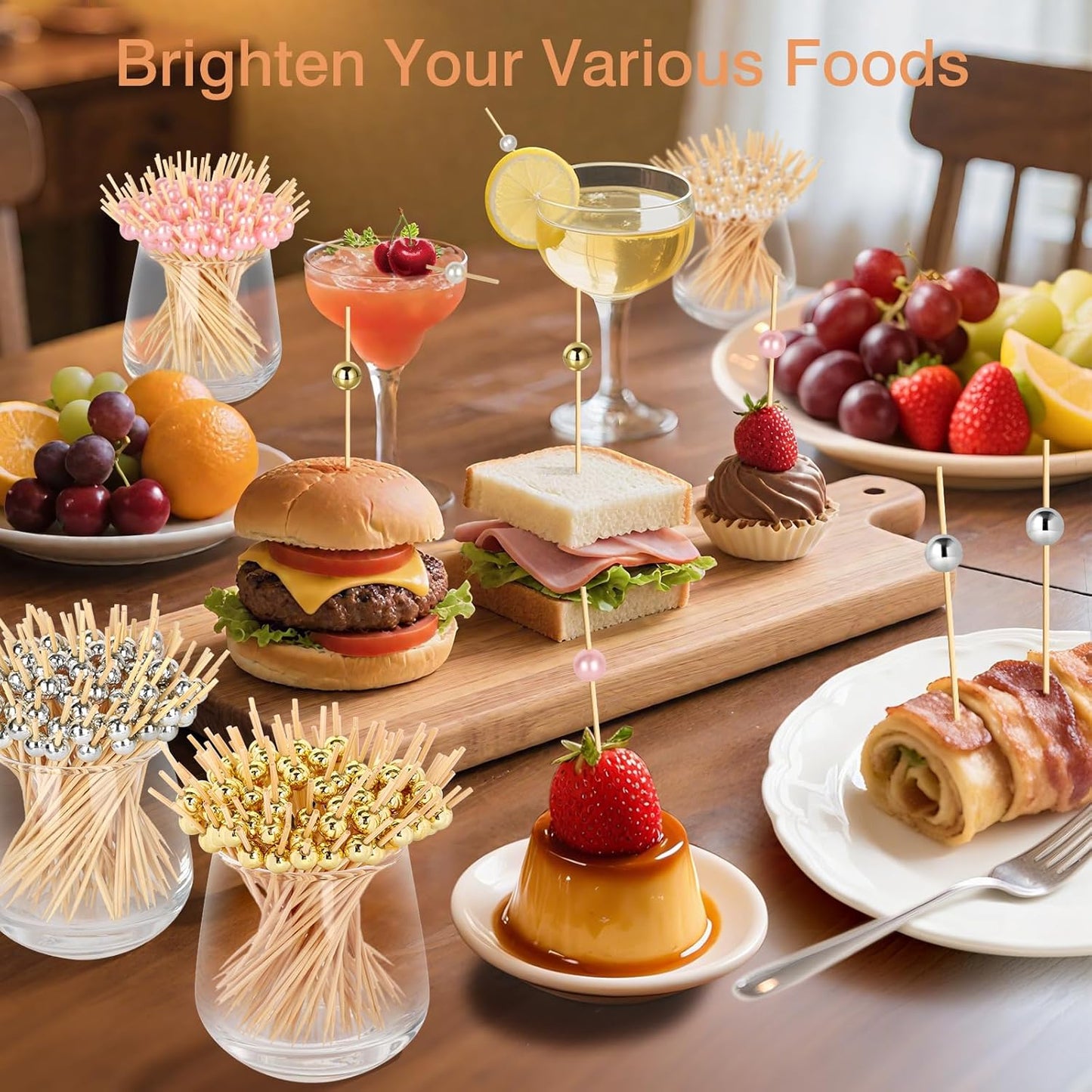 200 Cocktail Picks, Decorative Pearl Fancy Toothpicks for Appetizers, 4.7 in Long Bamboo Skewers Wood Garnish Sticks for Food Drink Fruit Party Charcuterie Boards Accessories (Gold/White/Pink/Silver)