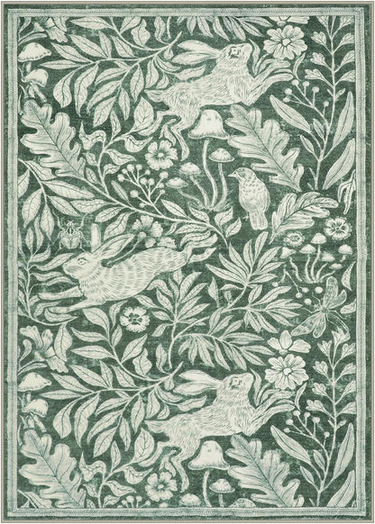 Rabbit 5X7 Washable Rugs for Living Room, Animal Soft Rugs for Dining Room, Whimsical Forest Woodland Print Green Carpet for Bedroom, Nature Non Shedding Non Slip Carpets Accent Rug
