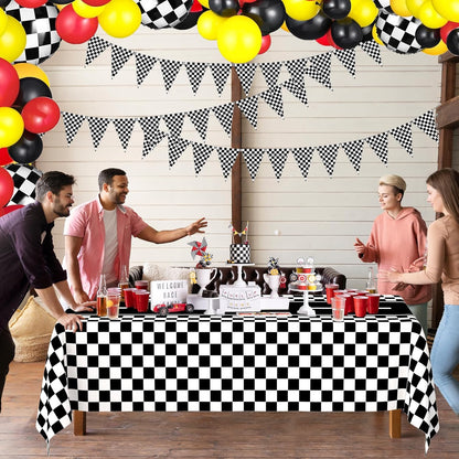 2 Pack Race Car Table Cloth Black and White Gingham Tablecloths Disposable Plastic Buffalo Check Tablecloth Checkered Flag Covers for Birthday, Outdoor Picnic, Birthday, Camping 54 × 108 Inch