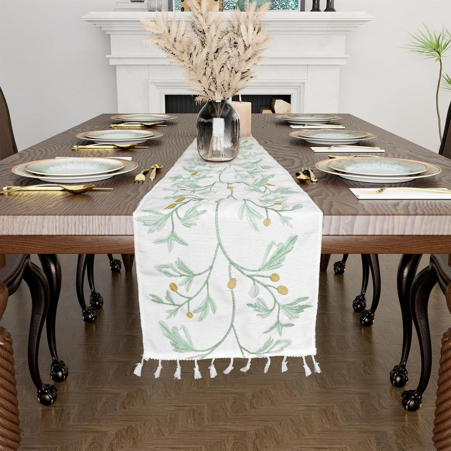 Boho Table Runner with Tassels,Burlap Table Runners 72 Inches Long Room Decor Aesthetic Rustic Farmhouse Summer Decorations for Living Room Green Tree Pattern (12X72 Inches)