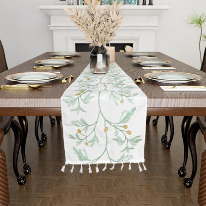 Boho Table Runner with Tassels,Burlap Table Runners 72 Inches Long Room Decor Aesthetic Rustic Farmhouse Summer Decorations for Living Room Green Tree Pattern (12X72 Inches)