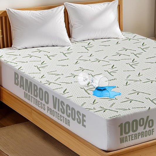 Waterproof Cooling Mattress Protector Queen Size, 200 GSM Viscose Made from Bamboo Mattress Cover, Fits 17 Inches Deep, Fitted Style with Stretchable Pockets