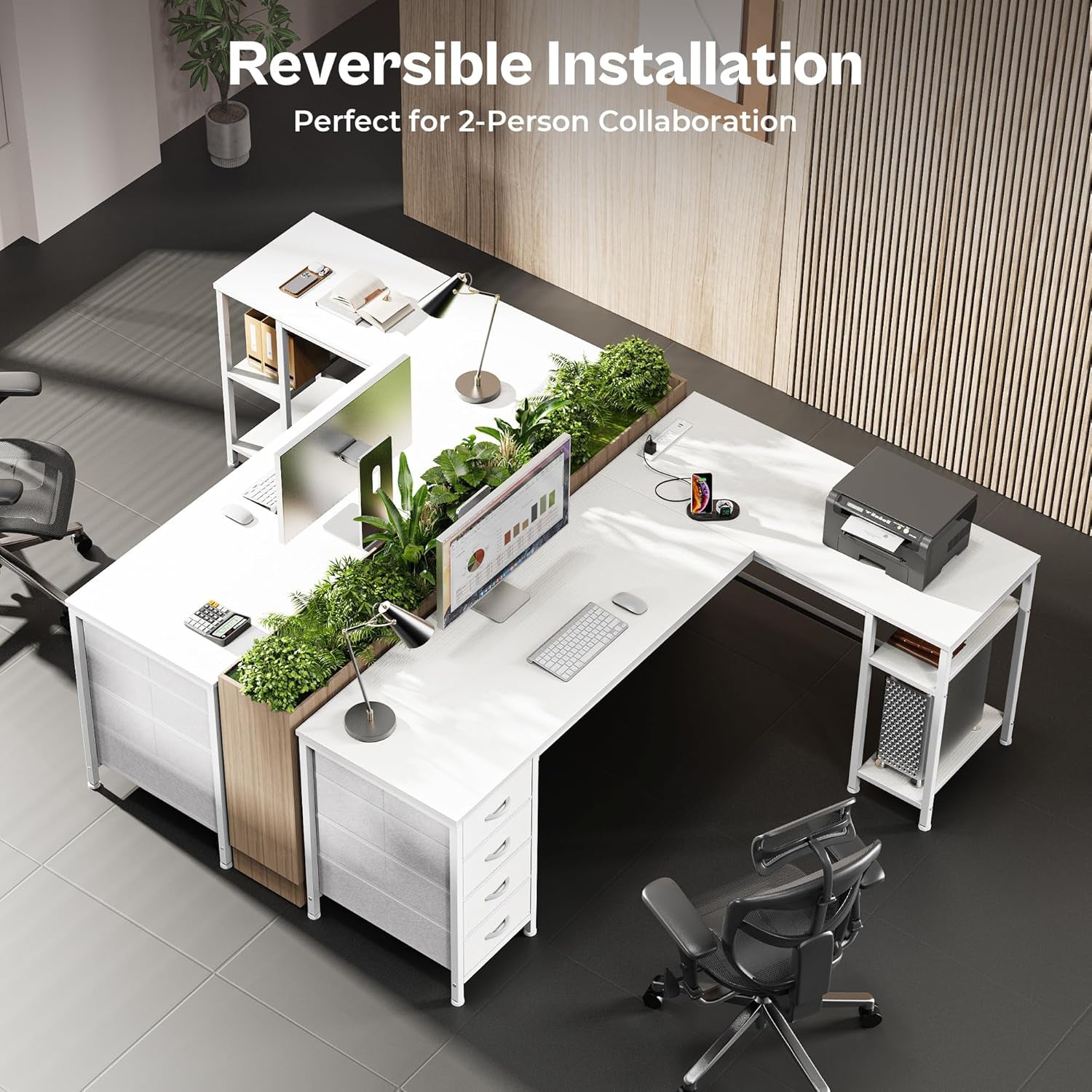 63-Inch L-Shaped Desk with Fabric Drawers, Reversible Computer Gaming Desk Featuring Power Outlets and USB-C Port, Adjustable Side Storage Shelves for Home Office and Study Corner, White