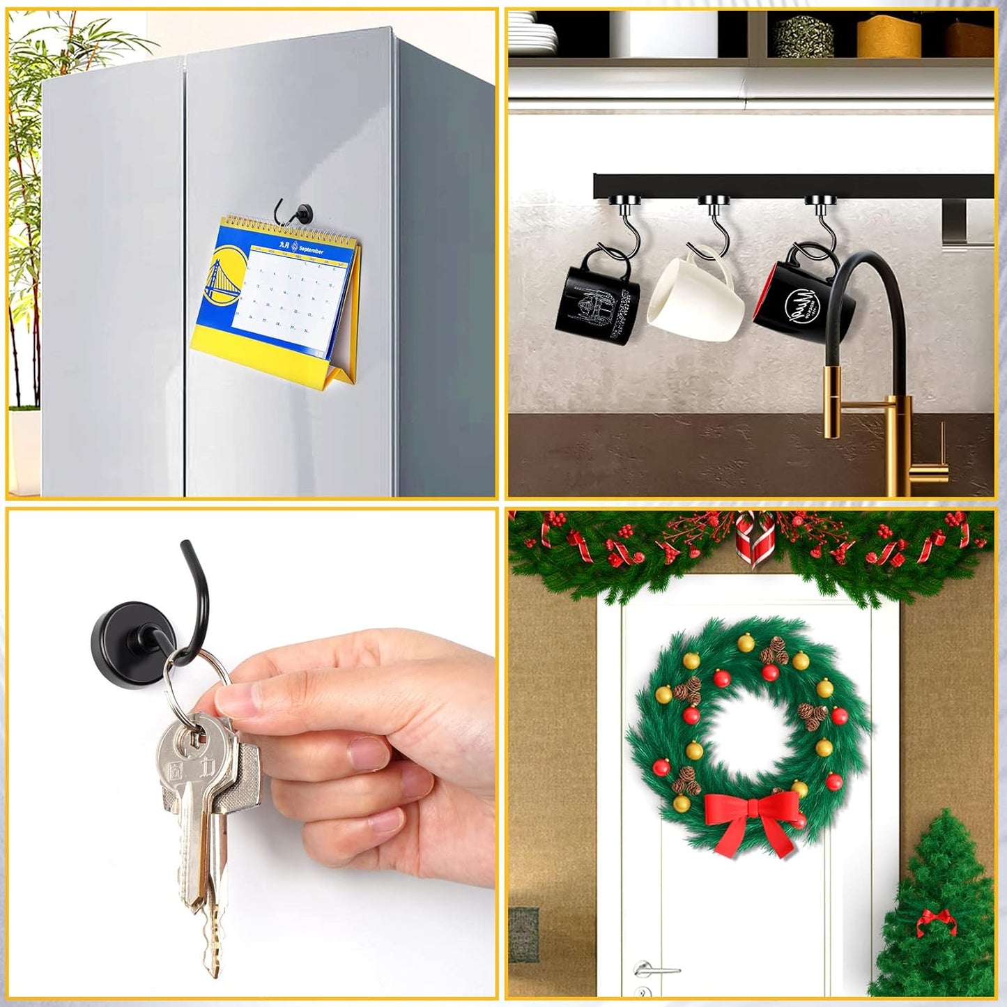 Heavy-Duty Magnetic Hooks - 12 Pack, 50LBS Capacity, Large Opening Neodymium Magnet Hooks for Versatile Hanging in Home, Office, and Workplace