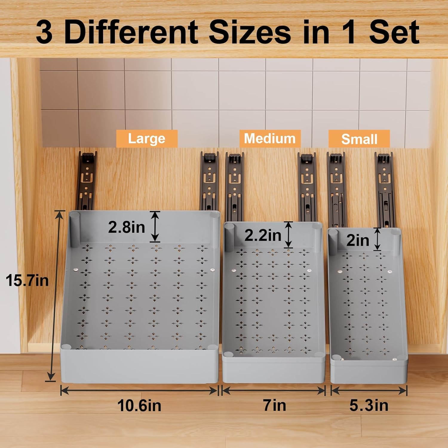 3 Pack Pull Out Cabinet Organizer, 15.7" Deep Pull Out Drawers for Cabinets, Slide Out Drawers for Kitchen Cabinets, Bathroom Cabinet Organizer, Pantry (Grey)
